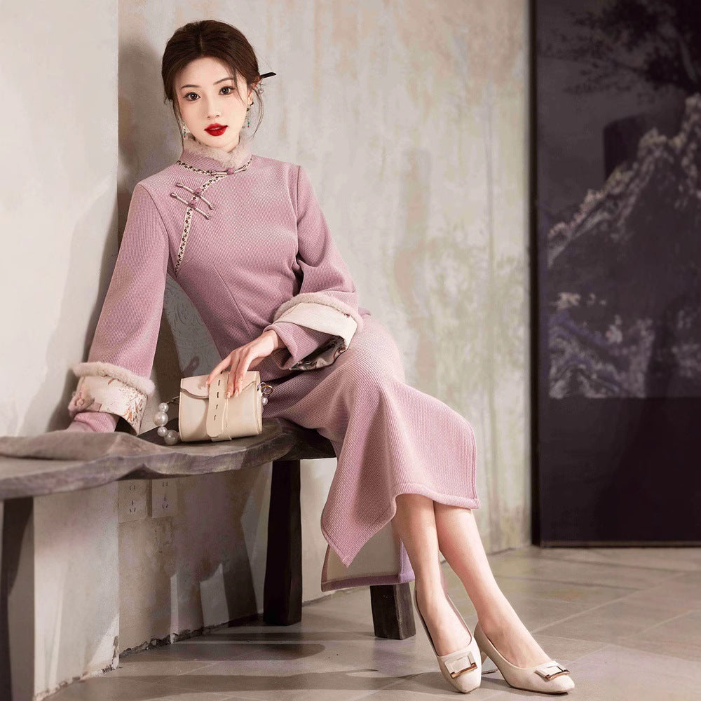 Vintage Chenille Long Sleeve Qipao Dress Winter Warm Midi Cheongsam Hanfu Style