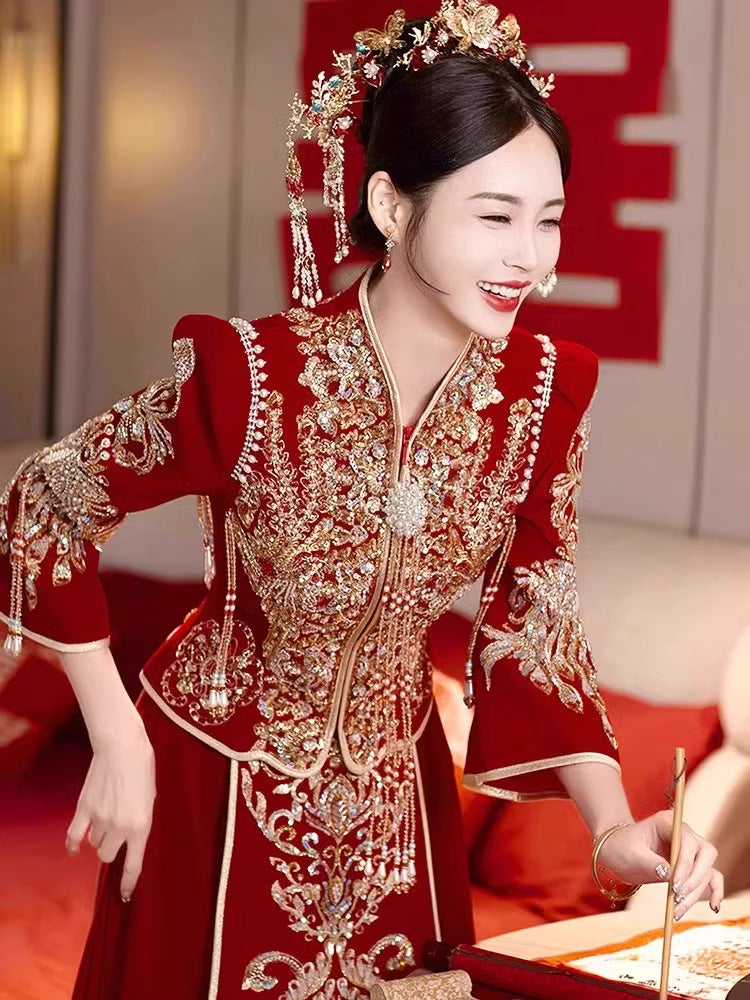 新款中式无袖旗袍新娘结婚晨袍