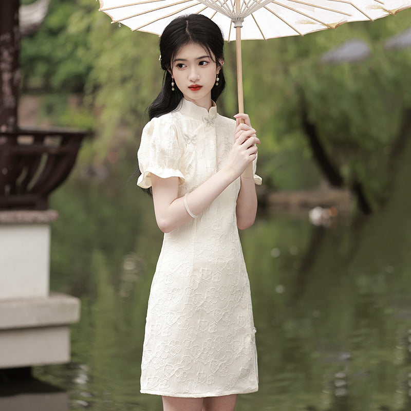 Elegant Black Chinese-Inspired Mini Dress with Puff Sleeves for Women