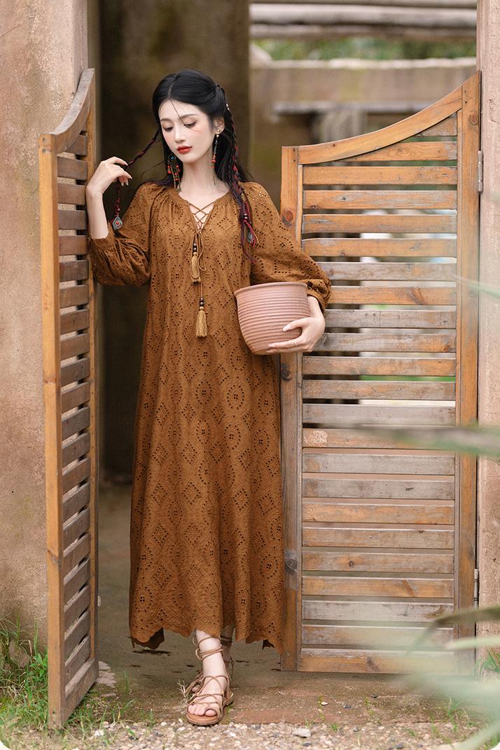 Boho Lace-Up Brown Dress with Long Sleeves