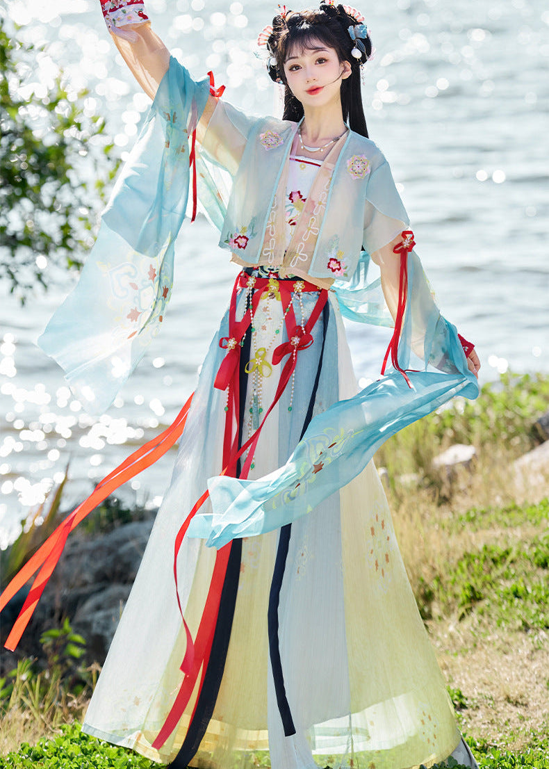 Sheer Shawl Hanfu Set | Embroidered Jacket & Chest-High Skirt