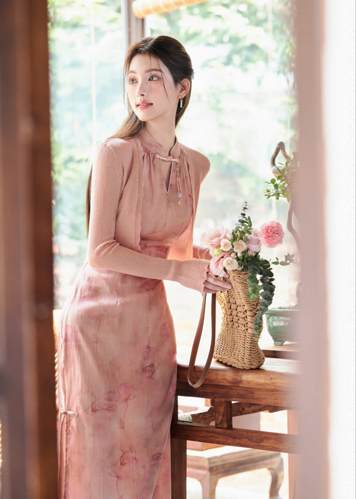 Chinese Style Pink Gradient Halter Cold-Shoulder Qipao Dress