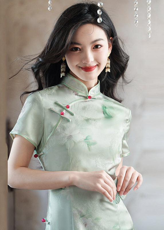Light Green Vintage Qipao | Summer Short-Sleeve Floral Cheongsam