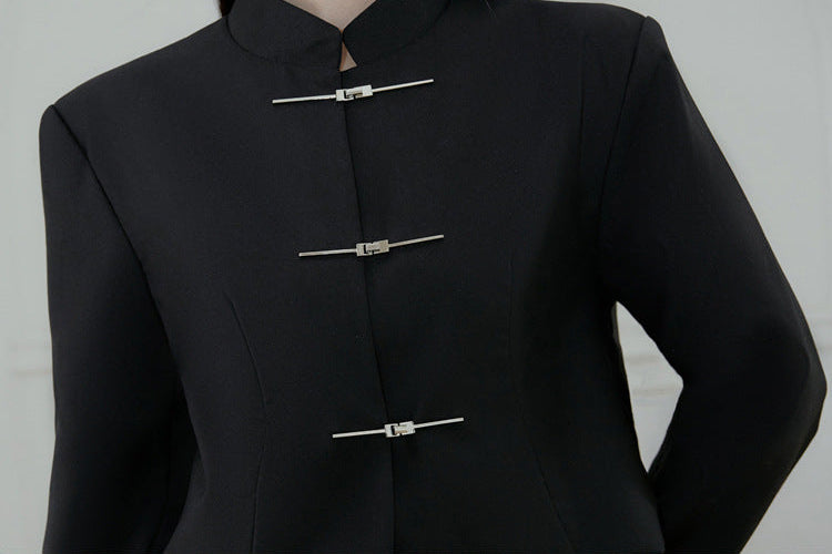 Black Modern Tang Suit Set | Mandarin-Collar Jacket & Slit Maxi Skirt for Early Spring