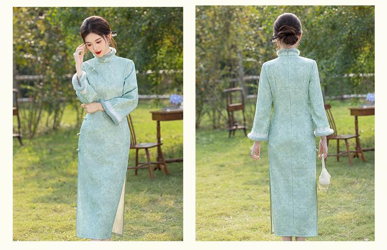 Vintage Floral Green Hanfu Dress for Women with Faux Fur Collar