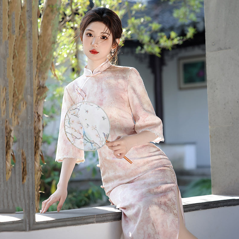 Elegant Pink Floral Cheongsam Dress – Traditional Chinese Qipao with Lace Sleeves