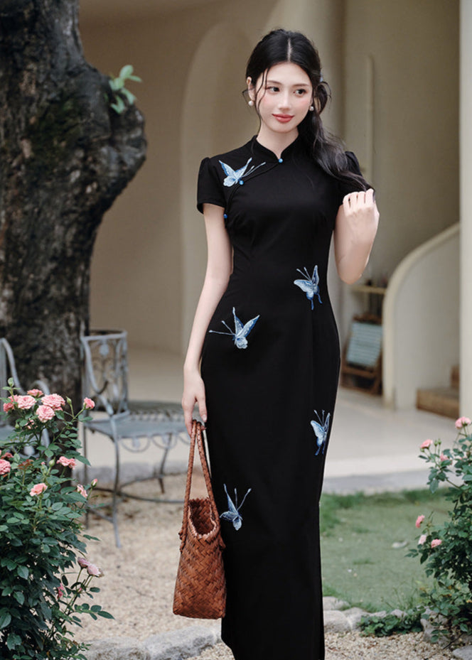 Black Butterfly Embroidered Slim Long Qipao | Side Slit