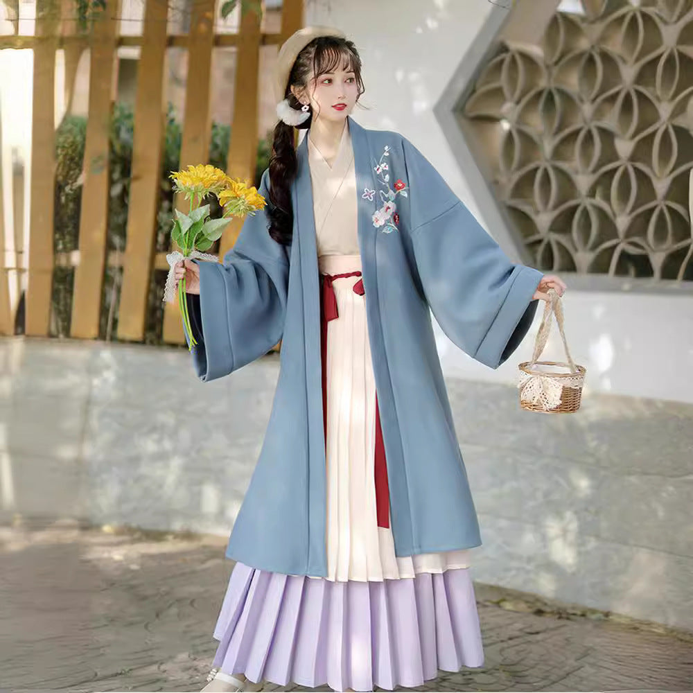 Pleated Skirt with Belt for Hanfu Style, Elegant Green and White Color Combination