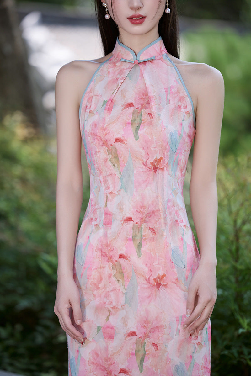 Sleeveless Slim Qipao | Watercolor Print Modern Cheongsam Maxi