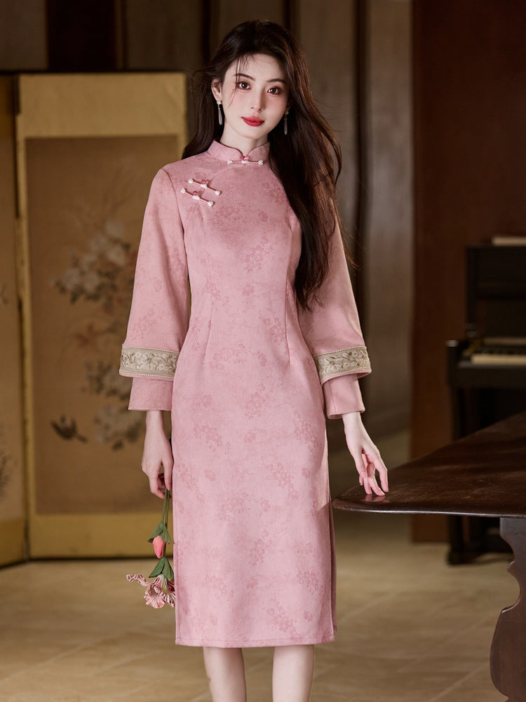 Jacquard Qipao | Mandarin Collar 3/4 Sleeve Midi Dress