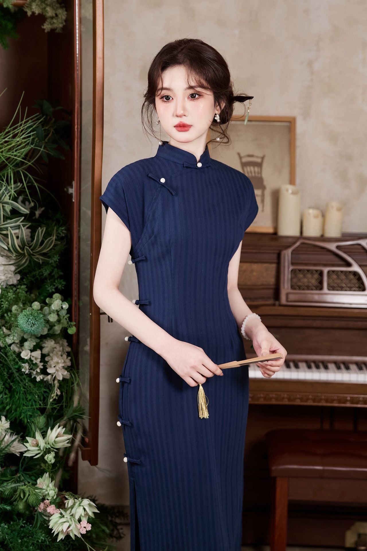 New Chinese Style Vintage Cheongsam Dress | Ribbed Slim Midi Mandarin