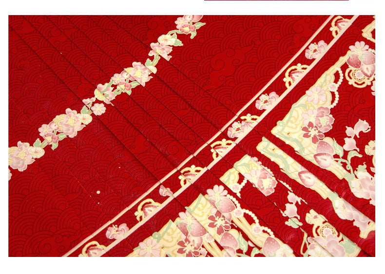 Traditional Red Hanfu Dress with Floral Embroidery and Panda Skirt, Elegant Chinese Costume
