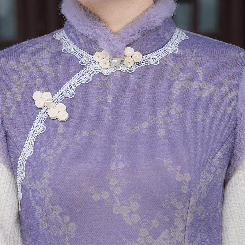 Elegant Purple Cheongsam with Lace and Floral Detailing