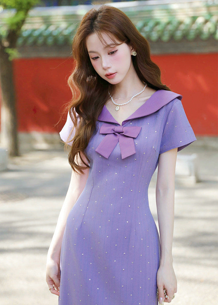 Purple Sailor Bow Midi Qipao Dress | Slim Side-Slit, Retro Sweet