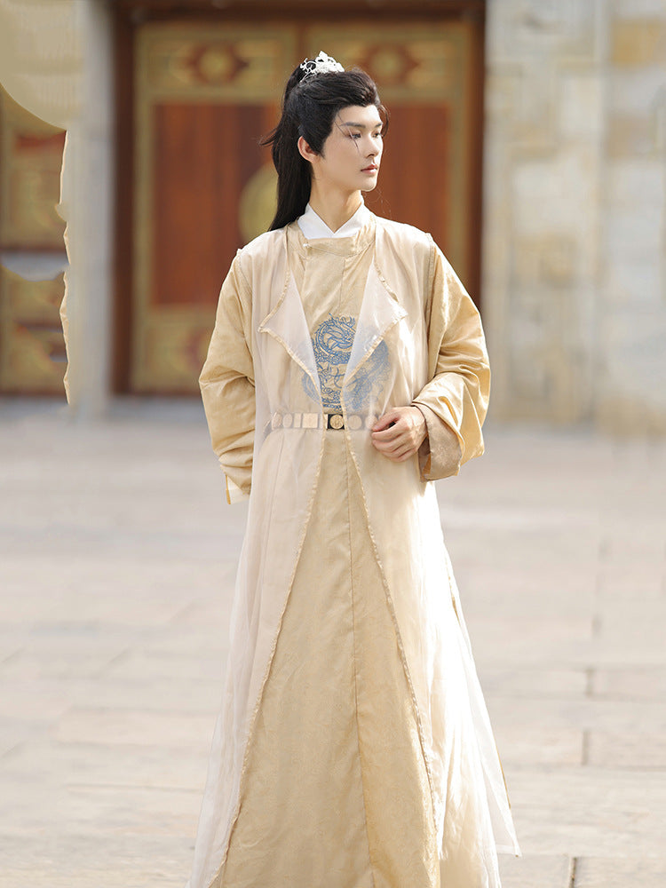 Men's Traditional Chinese Hanfu Robe – Golden Imperial Style Long Gown with Dragon Embroidery