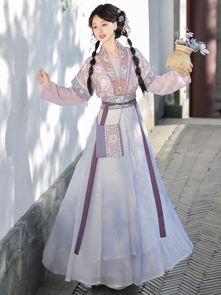 Elegant Purple and White Hanfu Dress with Floral Embroidery