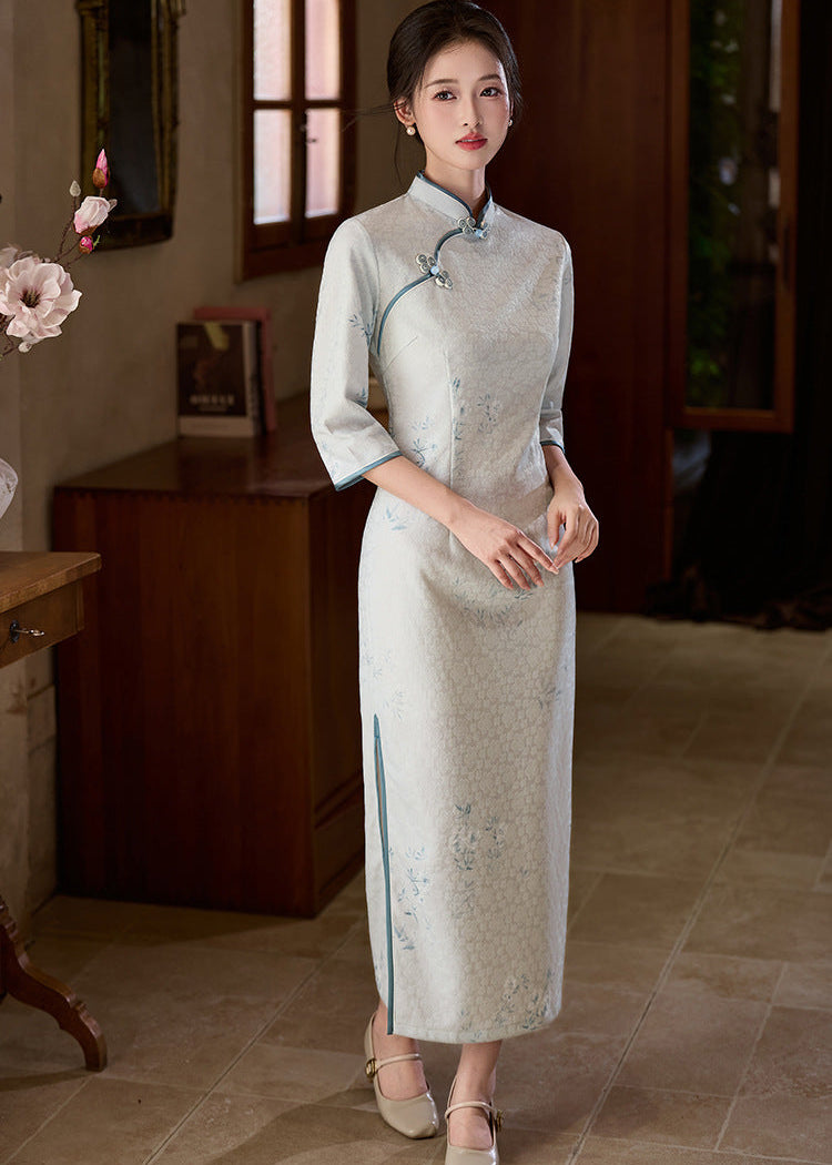 Ice-Blue Jacquard Qipao | 3/4 Sleeve Slim Long Dress