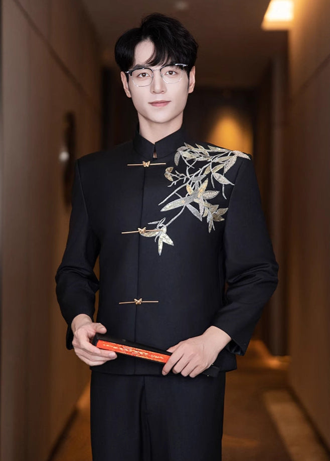 Men’s Black Bamboo Embroidery Zhongshan Suit