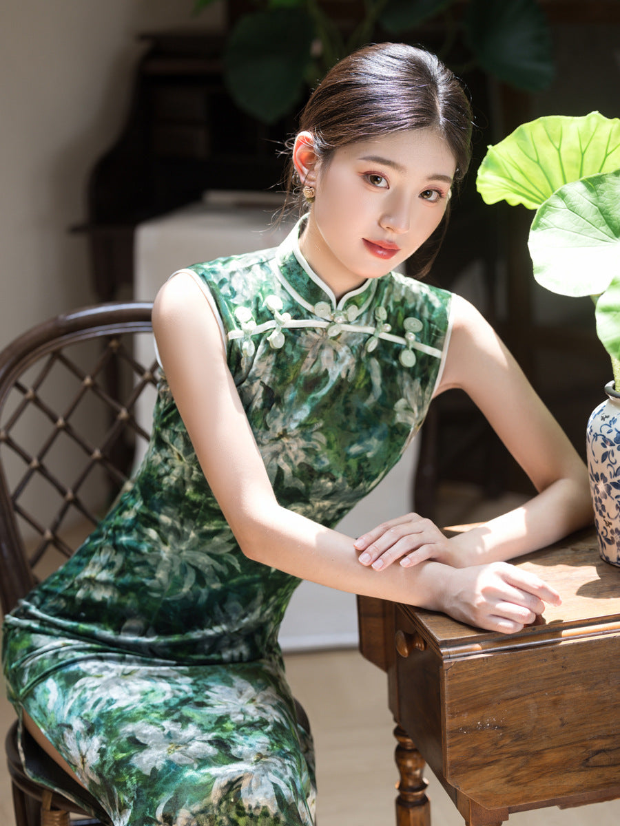 Vintage Green Sleeveless Qipao Long Dress