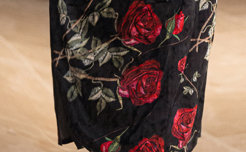 Velvet Rose-Embroidered Qipao | Black with Red Florals
