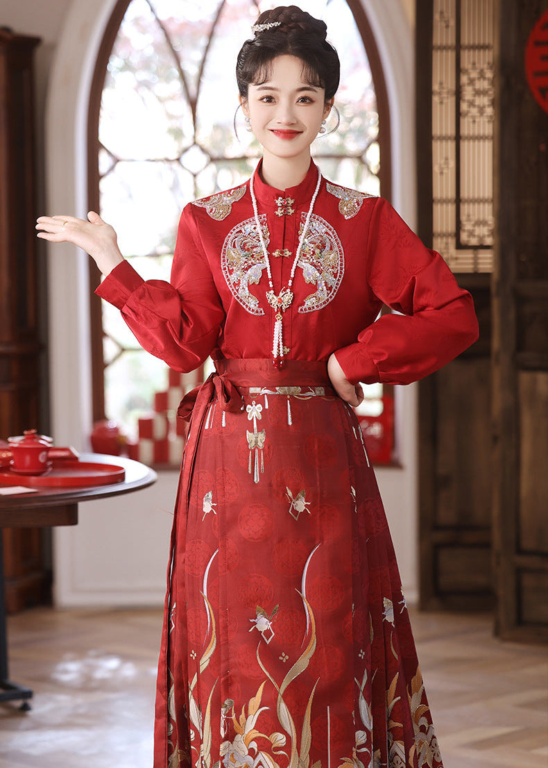 Red Mamianqun Bridal Toast Dress Set | Detachable Warm Cape