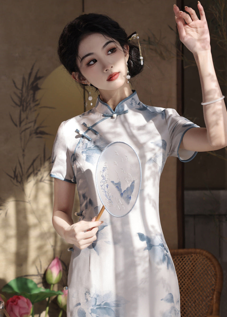 Ink-Print Slim Long Cheongsam | Mandarin Collar & Diagonal Placket & Side Slit