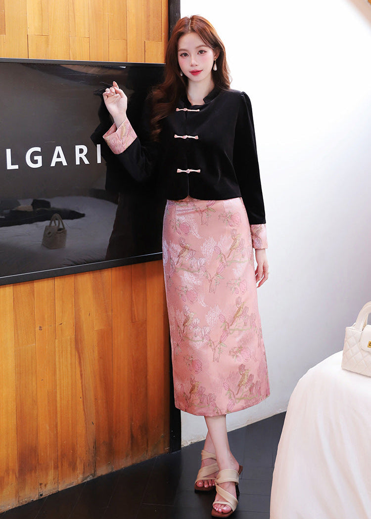 Embellished Frog-Button Top & Jacquard Skirt Set | New Chinese