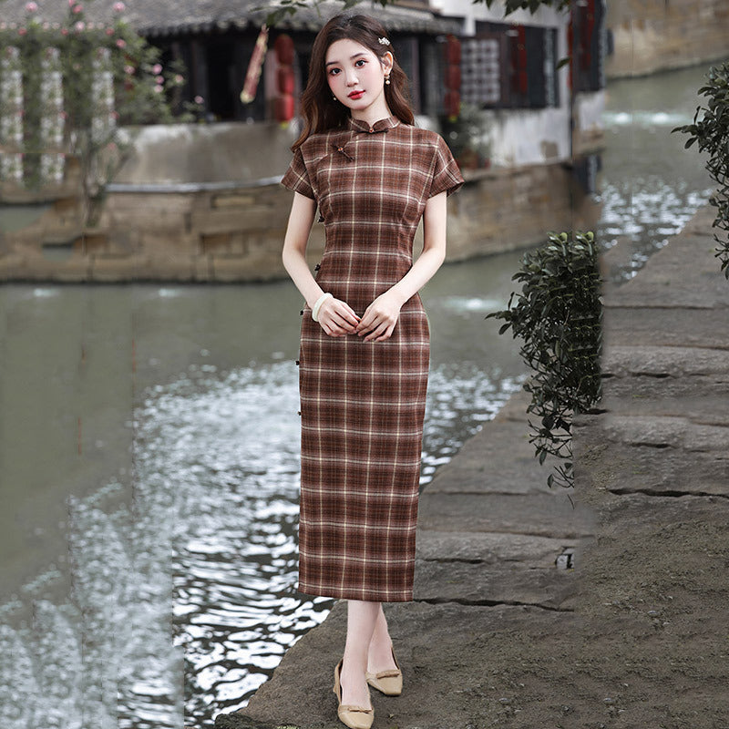 Elegant Plaid Cheongsam Dress Traditional Chinese Qipao for Women