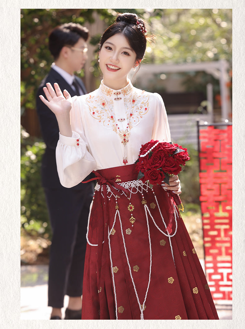 Winter Bridal Embroidered Hanfu Set | Wedding Mamianqun Set with Waist Chain