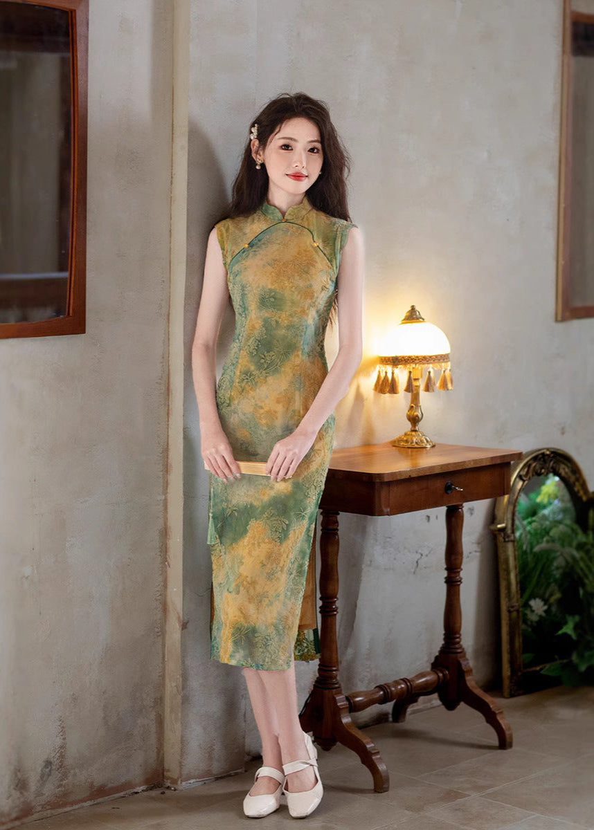 Vintage Yellow & Green Gradient Qipao Long Slim Dress