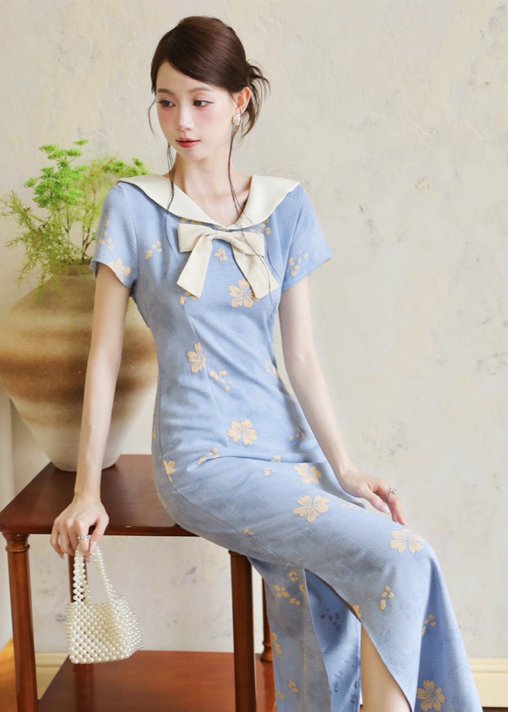 Blue Sailor Bow Qipao Dress | Slim Side-Slit, Retro Chic