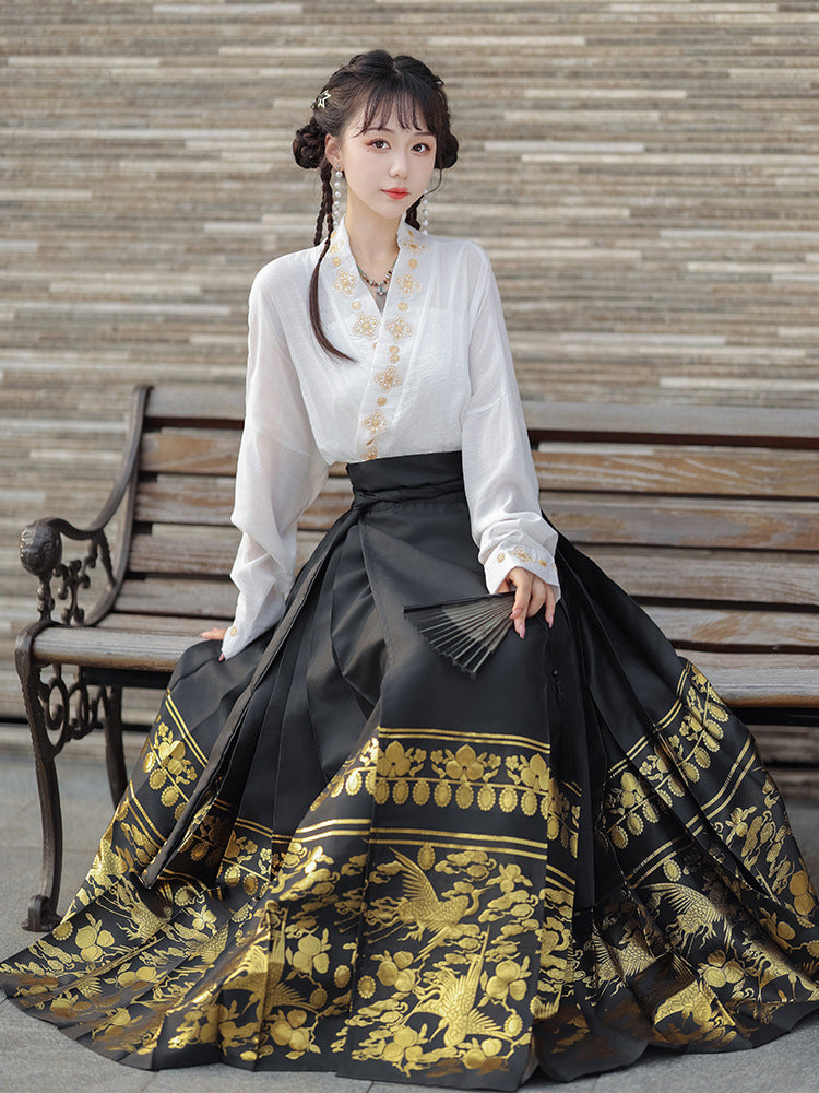 Elegant Black Hanfu Skirt with Golden Embroidery – Traditional Chinese Attire