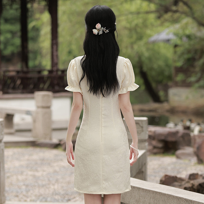 Elegant Black Chinese-Inspired Mini Dress with Puff Sleeves for Women