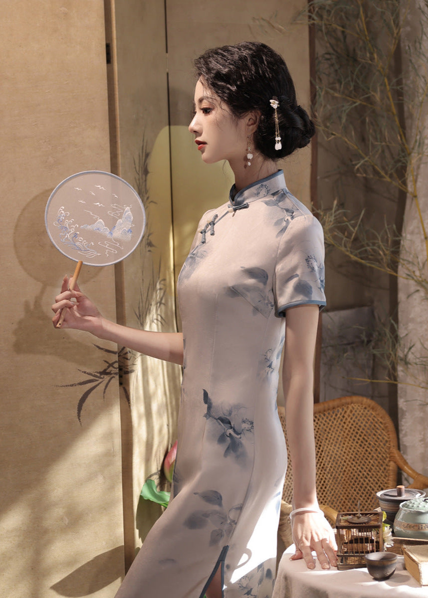 Ink-Print Slim Long Cheongsam | Mandarin Collar & Diagonal Placket & Side Slit