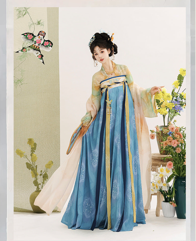 Traditional Chinese Hanfu Dress with Flowing Sleeves and Floral Embroidery