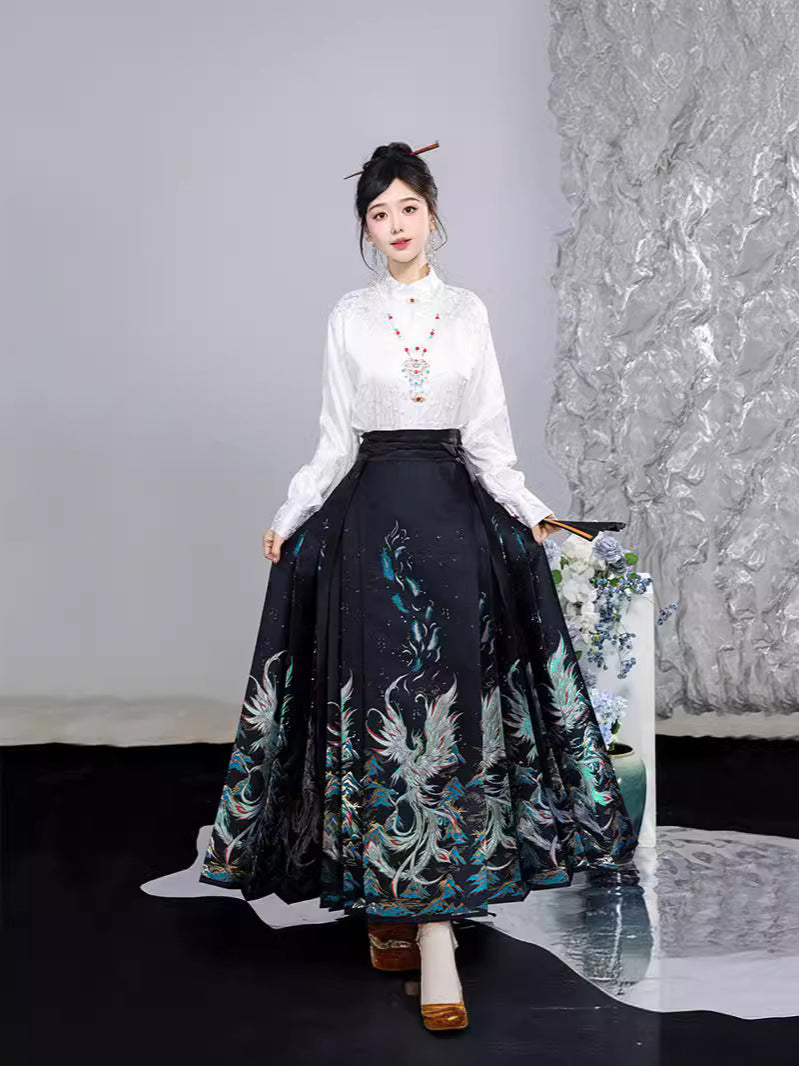 Elegant Phoenix Embroidered Hanfu Skirt Set– Traditional High-Waist Flowing Maxi