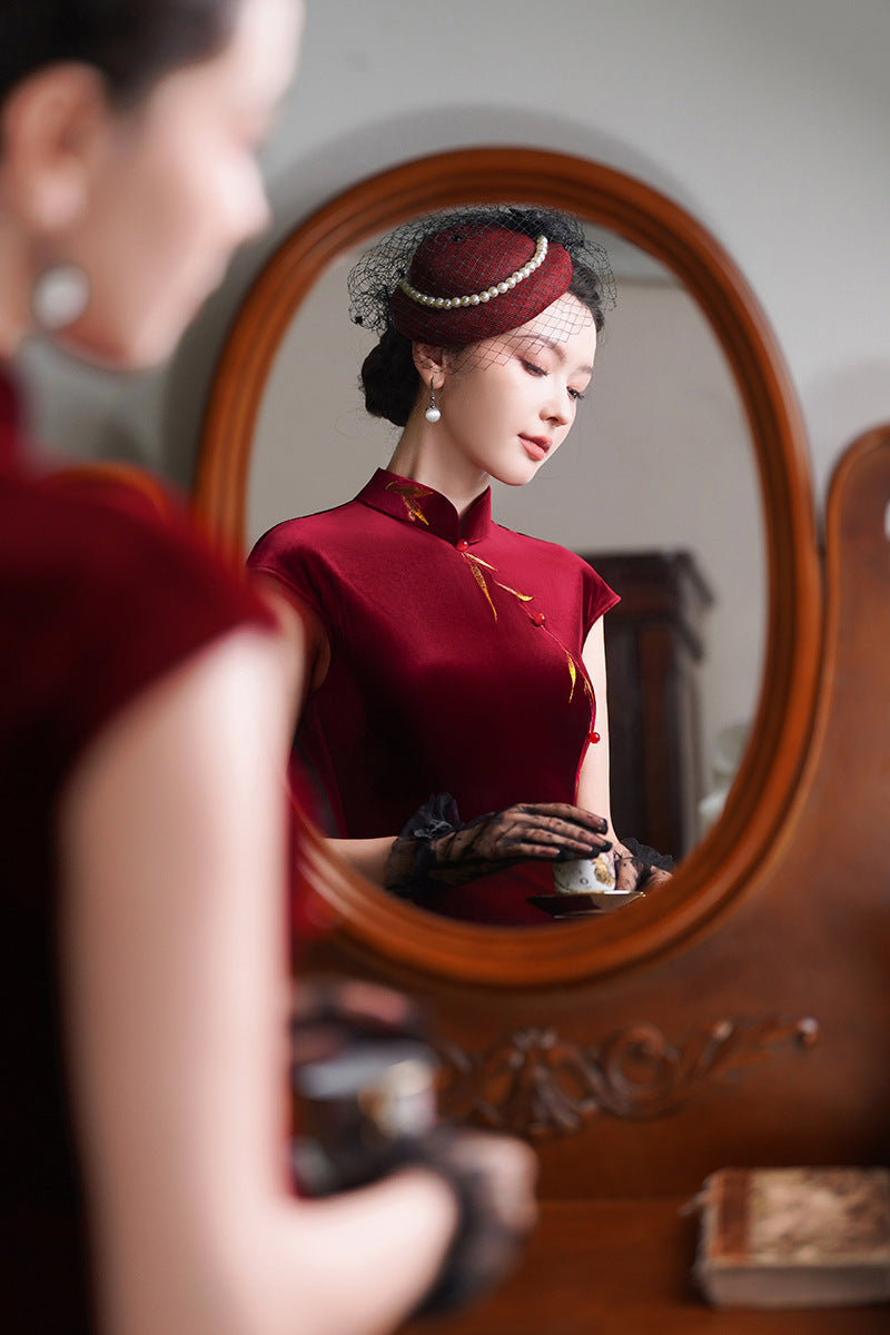 Burgundy Vintage Qipao Dress | Slim Long Silhouette