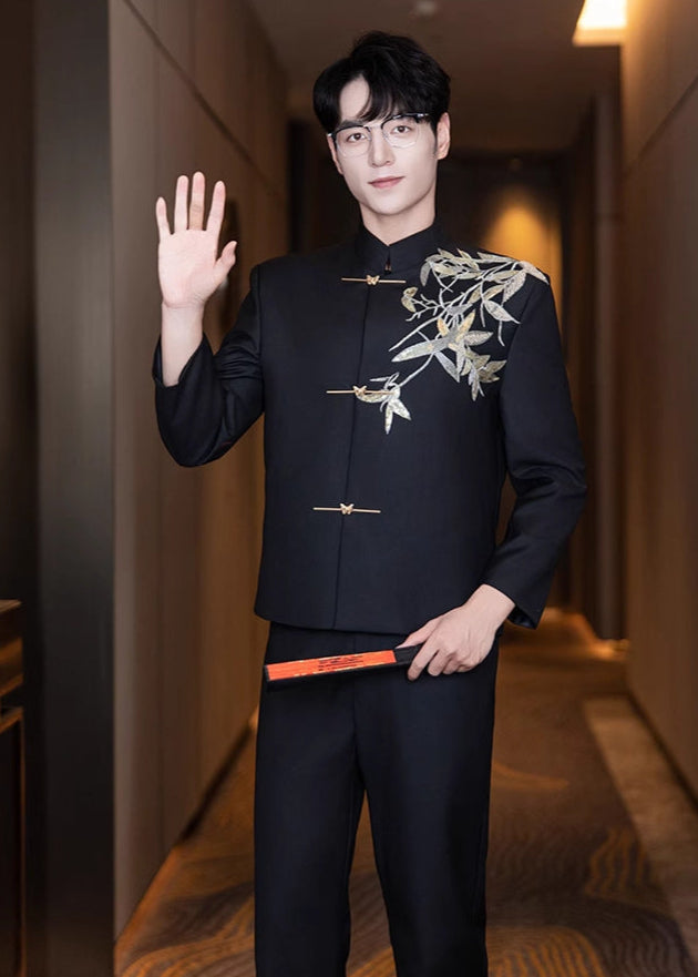 Men’s Black Bamboo Embroidery Zhongshan Suit