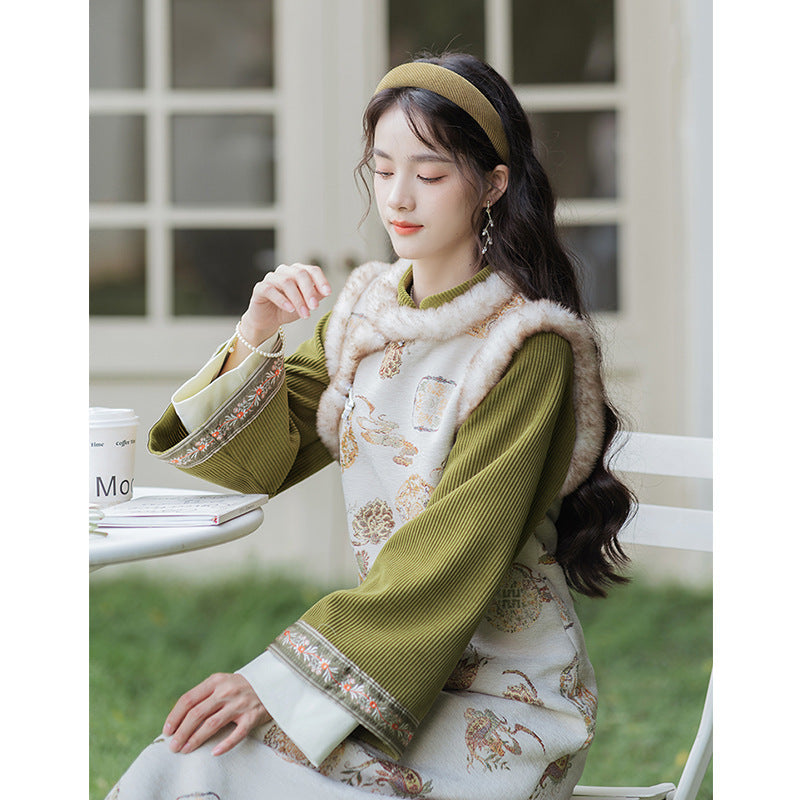 优雅绿色汉服内搭花卉图案背心套装