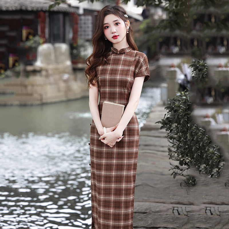 Elegant Plaid Cheongsam Dress Traditional Chinese Qipao for Women