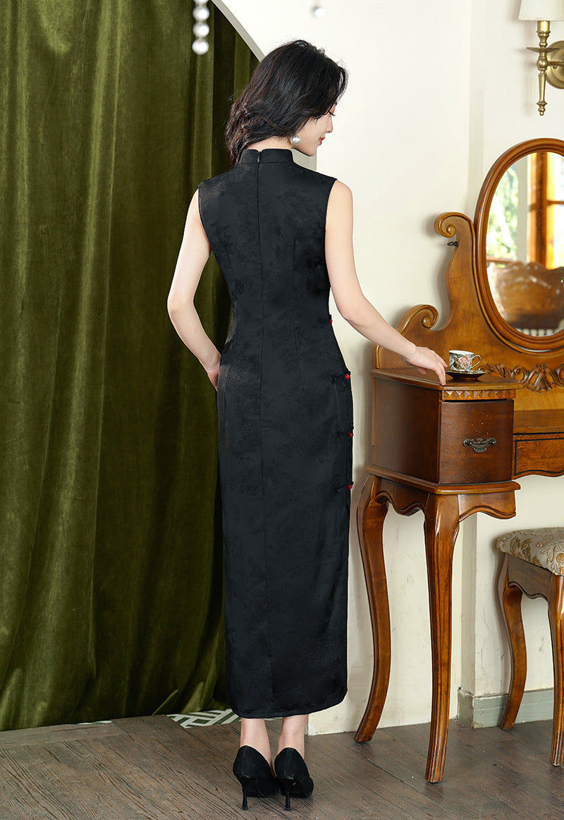 Vintage Black Double-Layer Jacquard Cheongsam Dress | Sleeveless