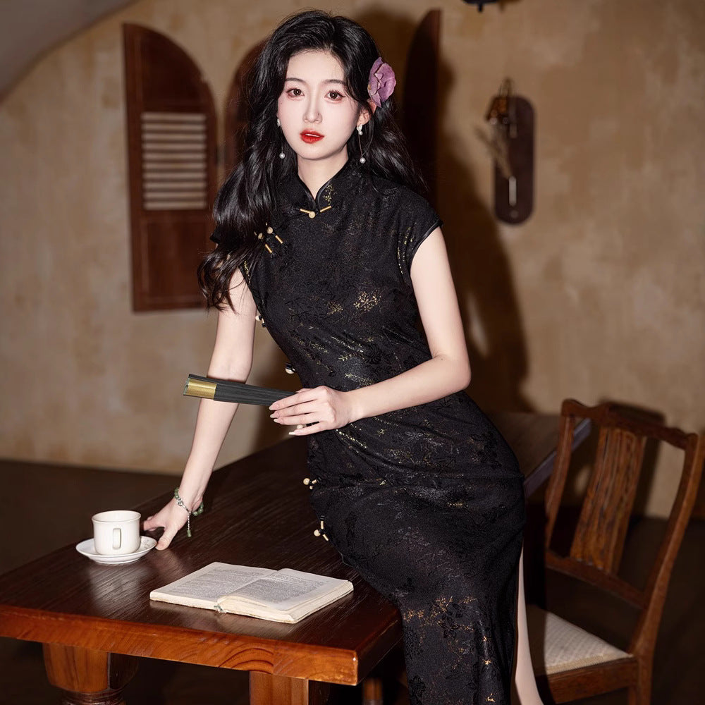 Black Gold Lace Embroidered Vintage Qipao Dress | High Waist Slim Fit Design