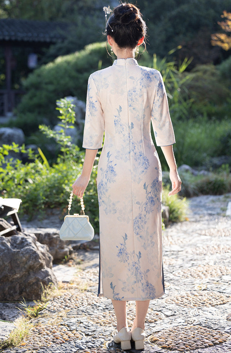 Beige Blue Floral Fitted Qipao Dress | Long Sleeve Mandarin Collar