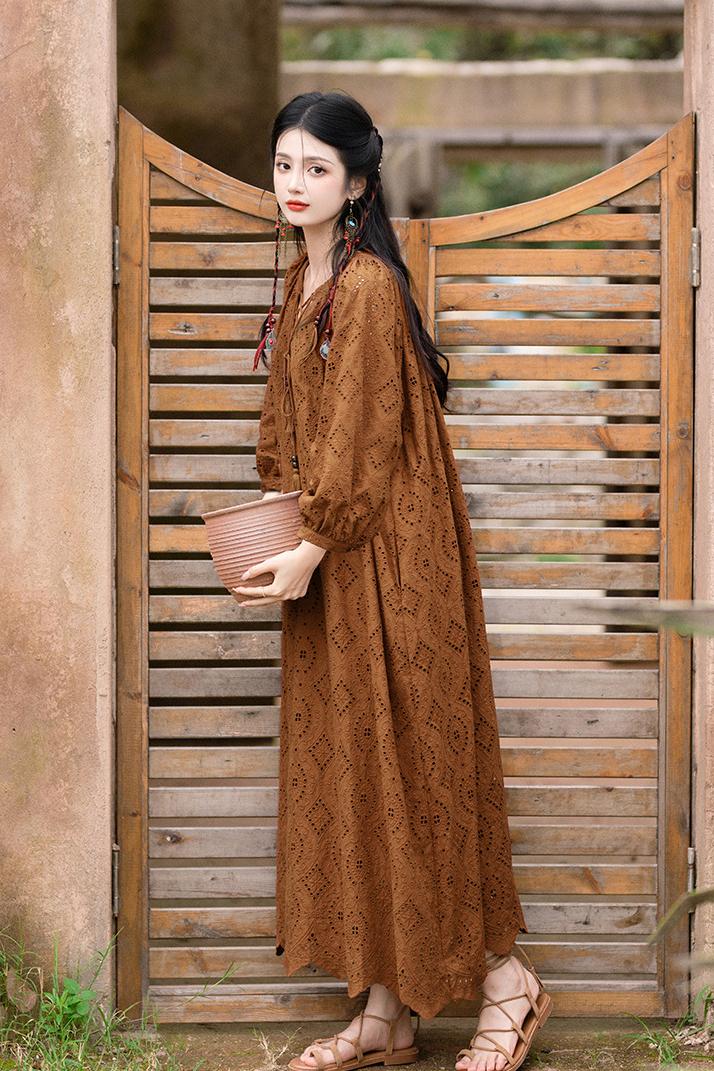 Boho Lace-Up Brown Dress with Long Sleeves