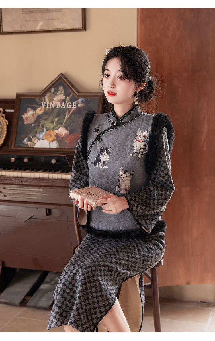 Chinese Style Checkered Pattern Dress Long Sleeve Cheongsam