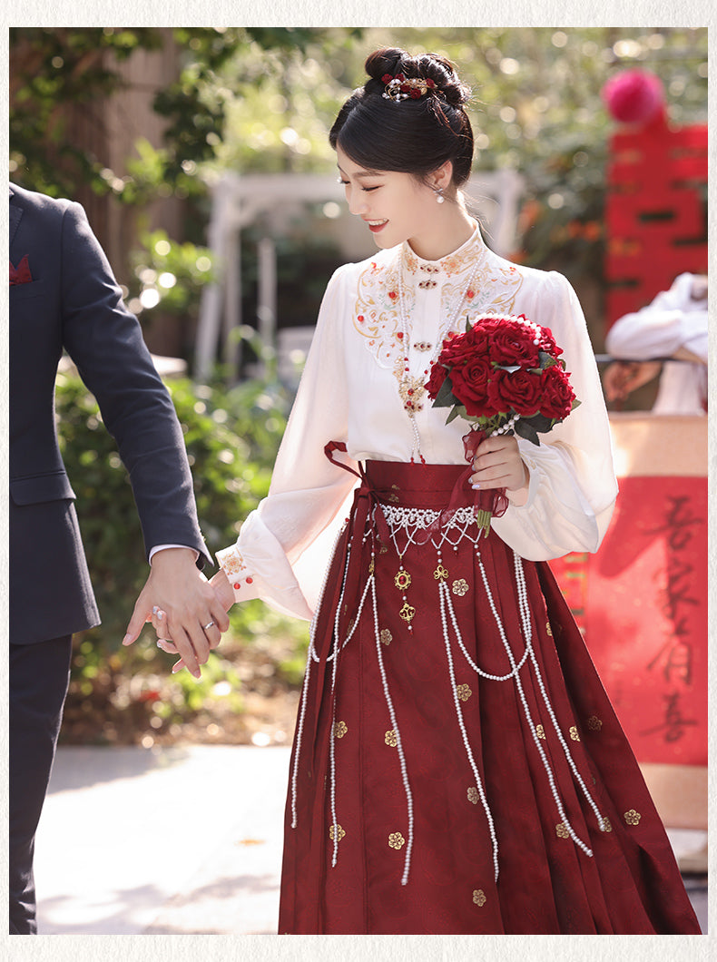 Winter Bridal Embroidered Hanfu Set | Wedding Mamianqun Set with Waist Chain