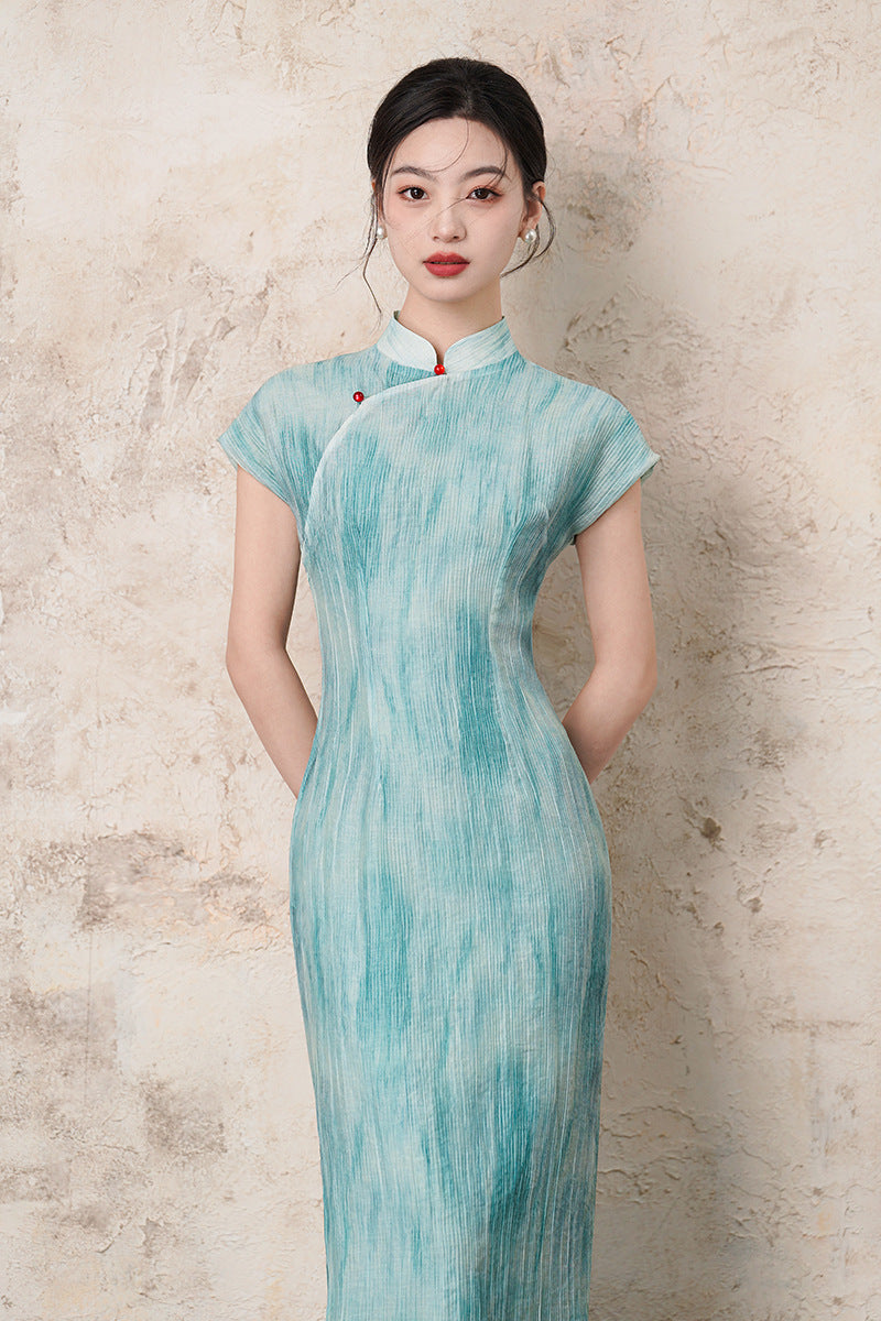 Half-Overlap Long Qipao | Cap-Sleeve Slim Mandarin Dress