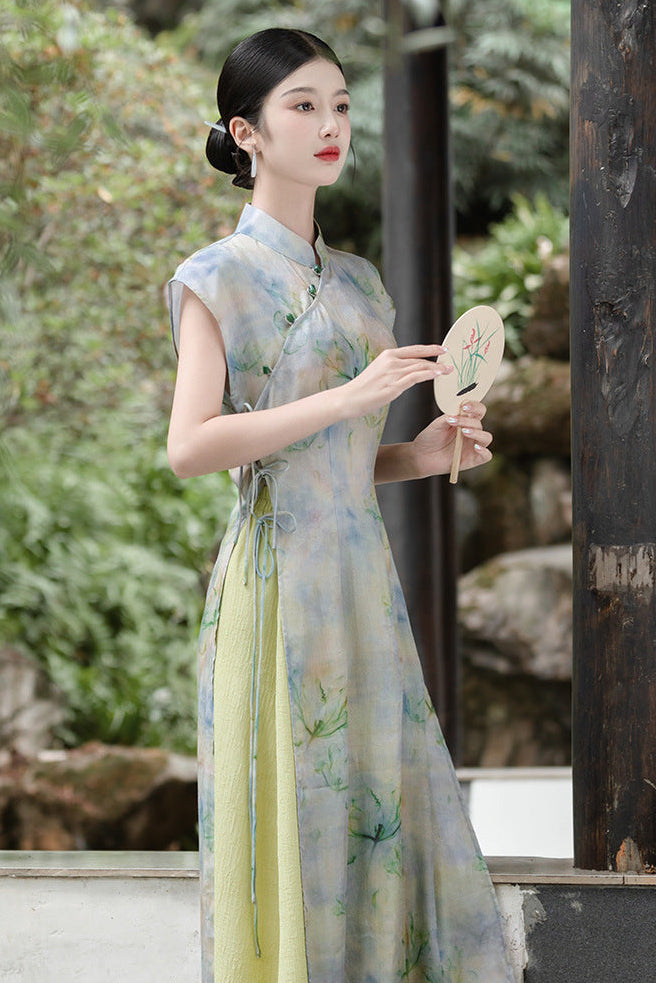 优雅花卉印花汉服两件套,带透明罩层