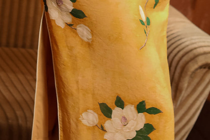 Mist-Gold Vintage Floral Qipa | Mandarin Collar & Frog Buttons