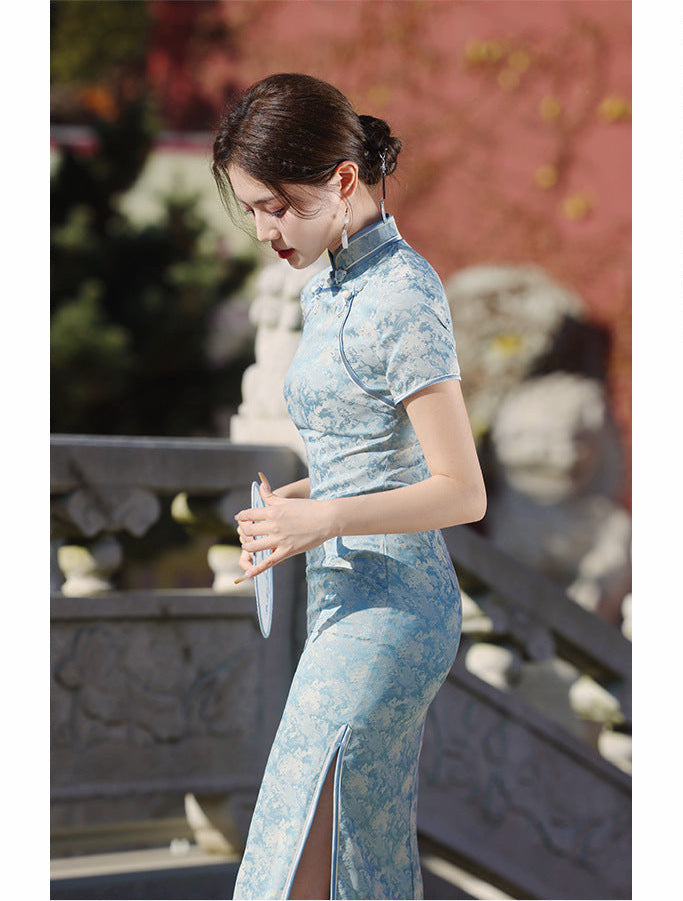 Spring Vintage Jacquard Qipao | Chinese Slim Elegant Short Sleeve Dress